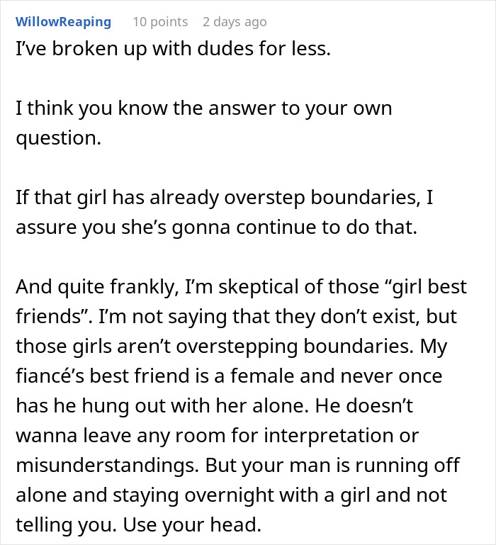 Text post discussing skepticism about boundaries in relationships and concerns over a boyfriend&rsquo;s overnight stay with another girl.