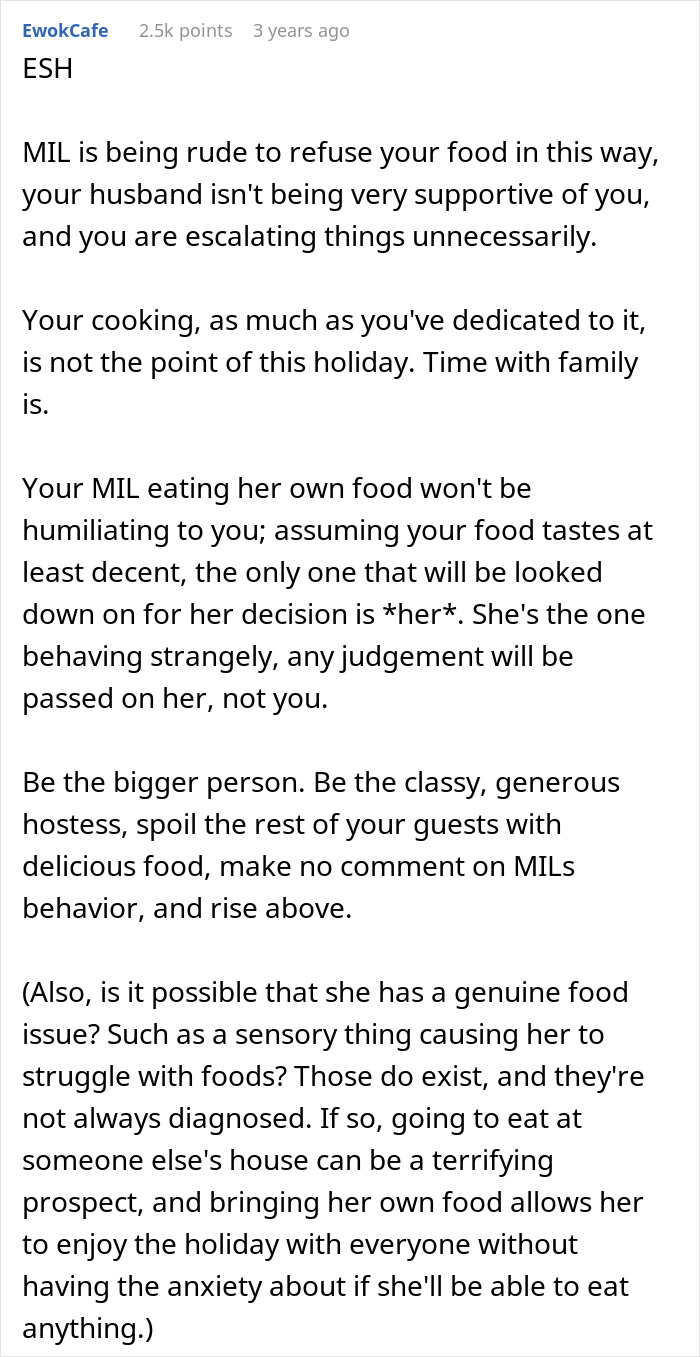 Comment explaining MIL’s picky-eater behavior bringing own food to Thanksgiving dinner and family dynamics involved. Comment explaining MIL’s picky-eater behavior bringing own food to Thanksgiving dinner and family dynamics involved.