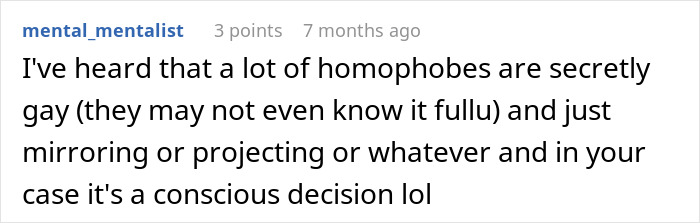 Screenshot of an online comment discussing secretly gay teens and homophobic parents in a conversation about respect and identity. Screenshot of an online comment discussing secretly gay teens and homophobic parents in a conversation about respect and identity.