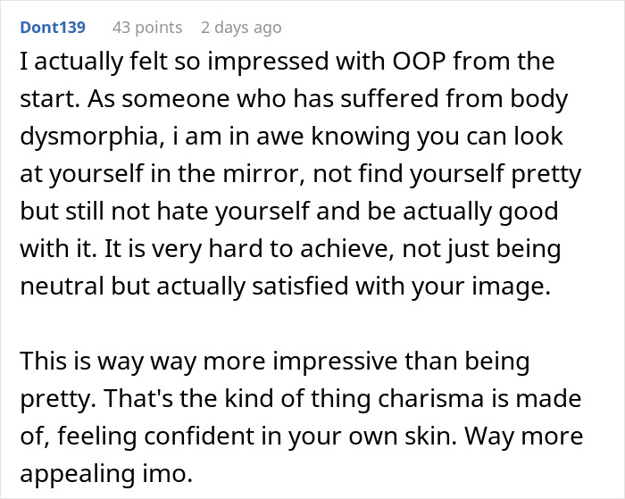 Screenshot of an online comment discussing body dysmorphia and confidence related to appearance before wedding photos. Screenshot of an online comment discussing body dysmorphia and confidence related to appearance before wedding photos.