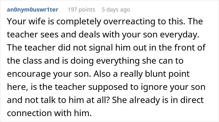 Reddit comment discussing mom furious over teacher's inappropriate note to son while dad thinks she’s overreacting. Reddit comment discussing mom furious over teacher's inappropriate note to son while dad thinks she’s overreacting.