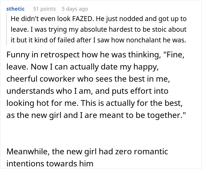 Text excerpt showing a man losing his girlfriend over a crush on a coworker who is just being nice to him.