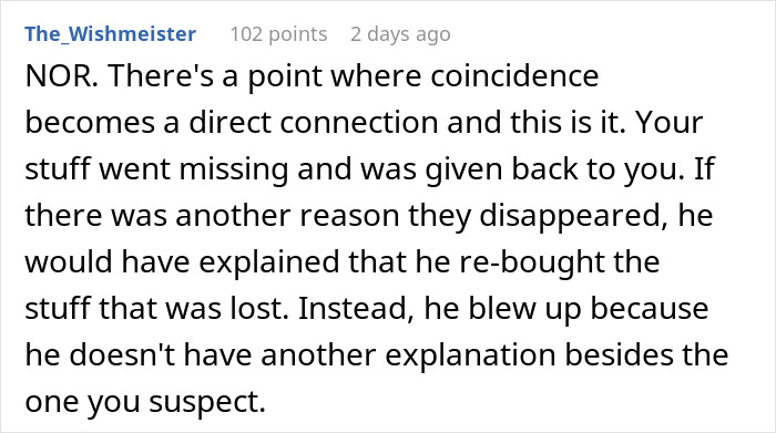 Comment discussing a woman confused about Christmas gifts from boyfriend matching items that went missing earlier.