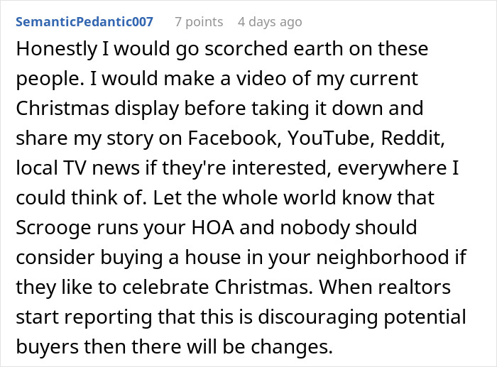Woman shocked after HOA fines her $100 per day for festive Christmas decorations on her property.