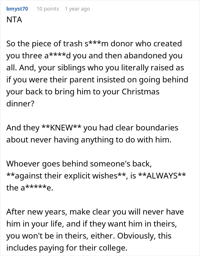 Screenshot of a user comment discussing boundaries and sibling conflicts after a surprise involving family members. Screenshot of a user comment discussing boundaries and sibling conflicts after a surprise involving family members.