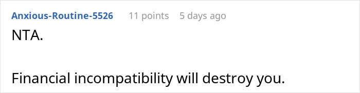 Commenter discussing financial incompatibility causing relationship issues after fianc&eacute;e demands $35k for wedding expenses.