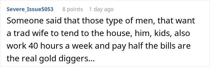 Screenshot of a comment discussing toxic men venting about traditional wives and challenging their logic online. Screenshot of a comment discussing toxic men venting about traditional wives and challenging their logic online.