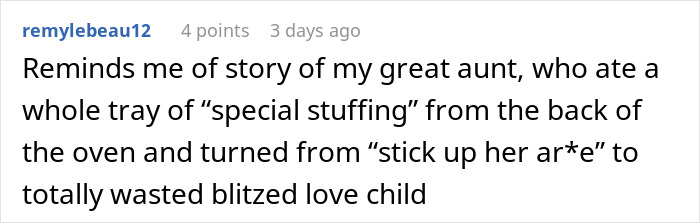 Comment text about a sister’s barefoot spiritual advisor causing comical chaos at Thanksgiving dinner.