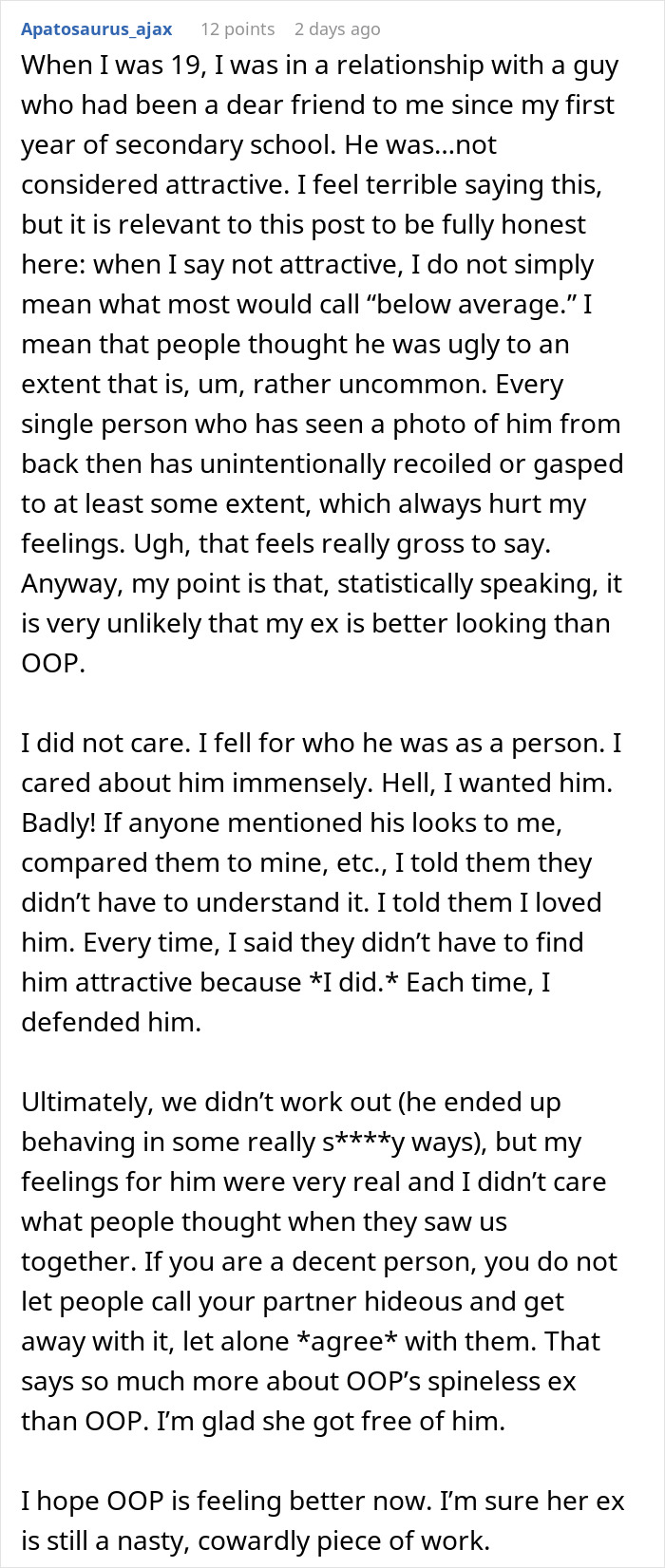 Screenshot of online text post about relationship struggles and partner’s unattractiveness concerns before wedding photos. Screenshot of online text post about relationship struggles and partner’s unattractiveness concerns before wedding photos.