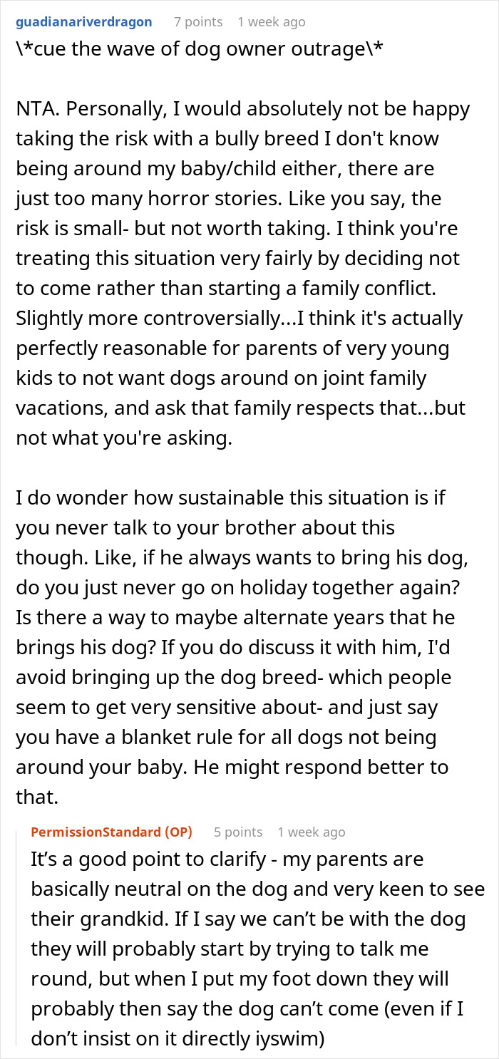 New mom avoids family vacation after brother insists his pit bull is safe around her baby, fearing risks.