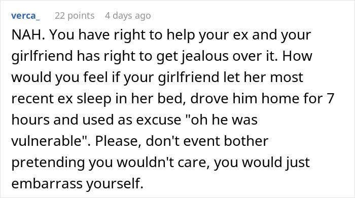 Screenshot of a social media comment discussing a guy going above and beyond for his ex girlfriend, causing current partner upset.