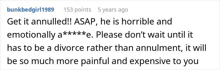Screenshot of an online comment discussing marriage troubles and urging annulment after emotional damage. Screenshot of an online comment discussing marriage troubles and urging annulment after emotional damage.