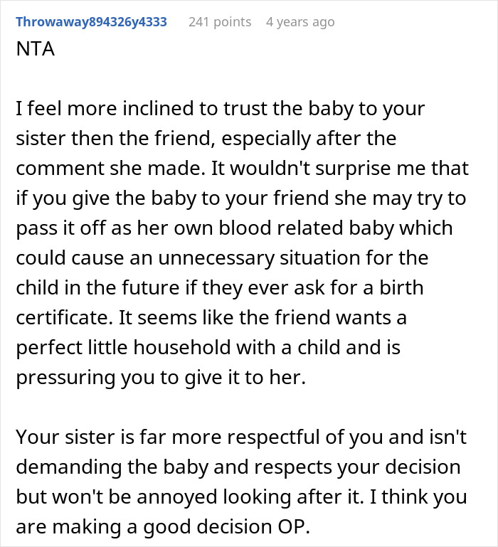 Reddit comment discussing trust issues and adoption decisions involving a white baby and a racist friend's demands. Reddit comment discussing trust issues and adoption decisions involving a white baby and a racist friend's demands.