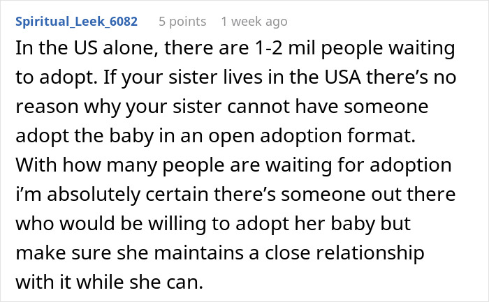 Comment discussing adoption options as a childfree woman refuses responsibility for her sister’s new baby.
