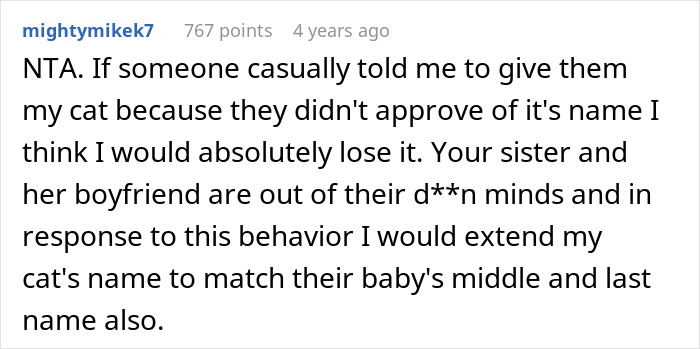Reddit comment discussing sister demanding family rehomes or renames 11-year-old cat due to shared name with her son. Reddit comment discussing sister demanding family rehomes or renames 11-year-old cat due to shared name with her son.