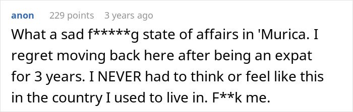 Screenshot of an online comment discussing regret and concerns, related to mass shooting survival tips awareness.