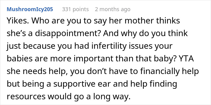 Comment discussing a stepmom delivering a brutal reality check to pregnant stepdaughter, with views on infertility and support.