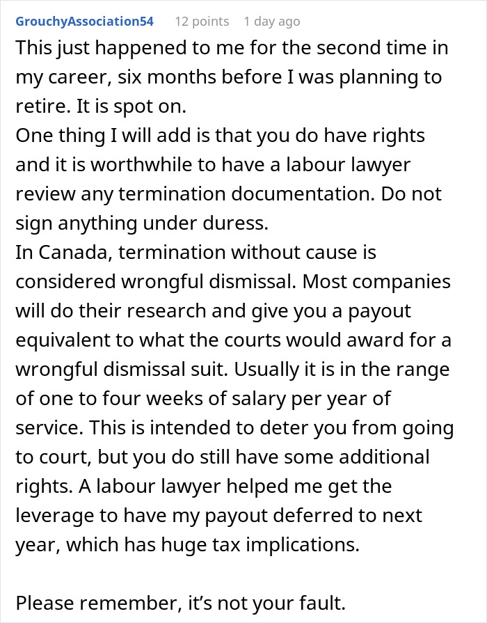 Comment discussing subtle red flags indicating job insecurity and advice on wrongful dismissal and legal rights.
