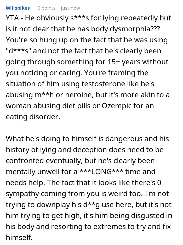 Comment discussing husband lying about testosterone use and its impact on their future child’s health concerns.
