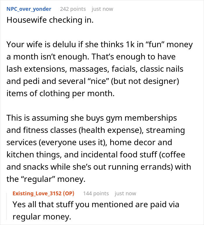Screenshot of a discussion about a stay-at-home mom feeling poor despite receiving 1K per month as fun money. Screenshot of a discussion about a stay-at-home mom feeling poor despite receiving 1K per month as fun money.