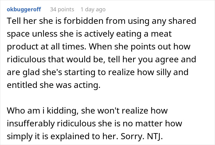 Comment discussing refusal to follow roommate’s strict vegan kitchen rules and calling behavior selfish in shared living space. Comment discussing refusal to follow roommate’s strict vegan kitchen rules and calling behavior selfish in shared living space.