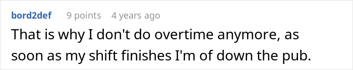 Text comment about a coffee shop worker refusing overtime after being forced to follow manager rules, causing a backfire. Text comment about a coffee shop worker refusing overtime after being forced to follow manager rules, causing a backfire.