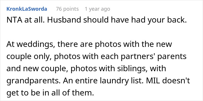 Comment discussing MIL deciding to wear a white dress to son's wedding, shocking bride who excludes her from photos. Comment discussing MIL deciding to wear a white dress to son's wedding, shocking bride who excludes her from photos.