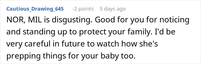 Text comment about MIL preparing chicken, expressing disgust and concern for family's health and baby’s safety. Text comment about MIL preparing chicken, expressing disgust and concern for family's health and baby’s safety.