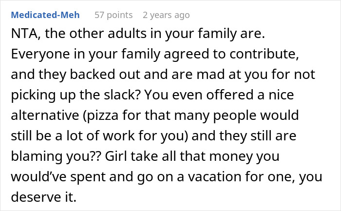 Comment discussing lazy relatives not bringing food to Christmas dinner and the host choosing pizza as an alternative. Comment discussing lazy relatives not bringing food to Christmas dinner and the host choosing pizza as an alternative.