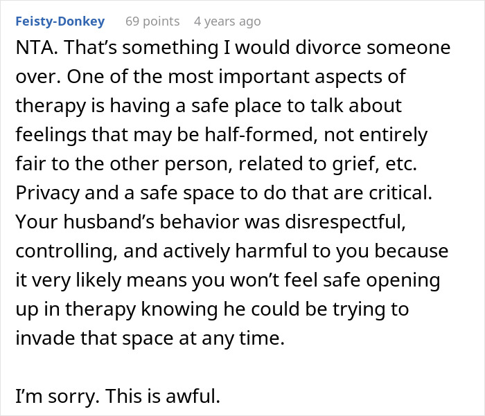 Comment discussing the ethical concerns of recording private therapy sessions out of concern and the resulting shock and anger. Comment discussing the ethical concerns of recording private therapy sessions out of concern and the resulting shock and anger.