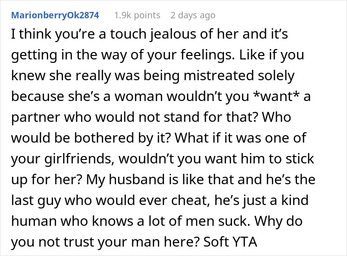 Comment discussing jealousy and misogyny in a relationship, highlighting feelings over female colleague mistreatment.