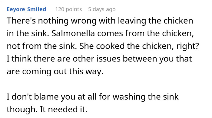 Comment discussing concerns about how mother-in-law prepares chicken and risks of getting sick from improper handling. Comment discussing concerns about how mother-in-law prepares chicken and risks of getting sick from improper handling.