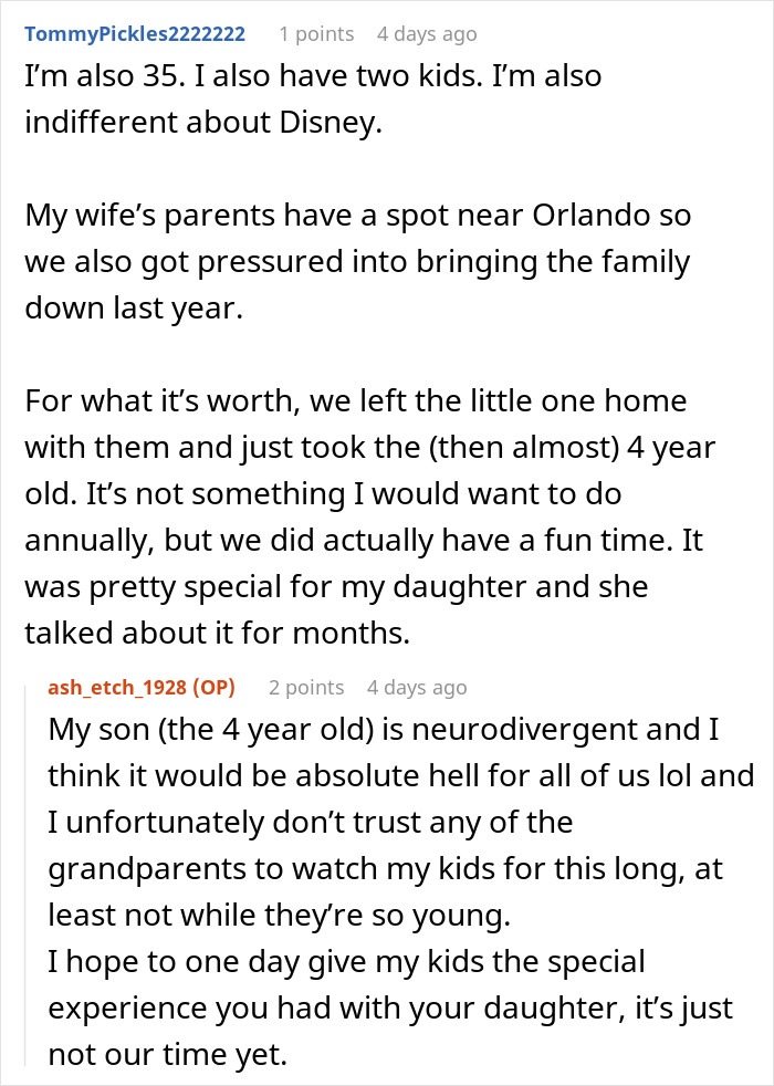 Reddit conversation discussing family trip to Disney, highlighting daughter's experience and challenges with debt and guilt.