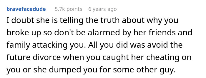 Screenshot of a Reddit comment discussing relationship breakup and the impact of a fiancée’s unexpected request months before wedding.