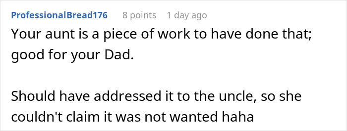 Reddit comment discussing a rich aunt sneaking a cheap gift back and a dad&rsquo;s petty Christmas revenge reaction.