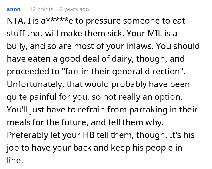 Comment discussing husband and family dynamics related to a picky eater with allergies and meal pressure issues.
