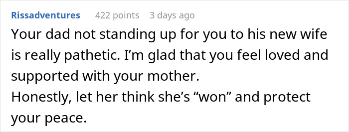 Comment text expressing disappointment in a dad not supporting his child against the stepmother’s insecurity about a kid. Comment text expressing disappointment in a dad not supporting his child against the stepmother’s insecurity about a kid.