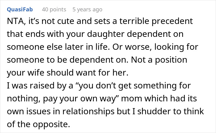 Comment discussing dad calling out wife after she teaches their daughter to treat boyfriend like a personal ATM, warning about dependence.