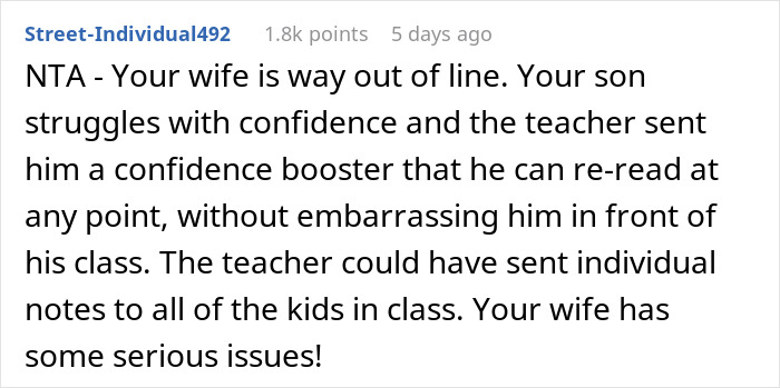 Comment discussing mom furious over teacher's inappropriate note to her son and dad's opinion on overreaction. Comment discussing mom furious over teacher's inappropriate note to her son and dad's opinion on overreaction.