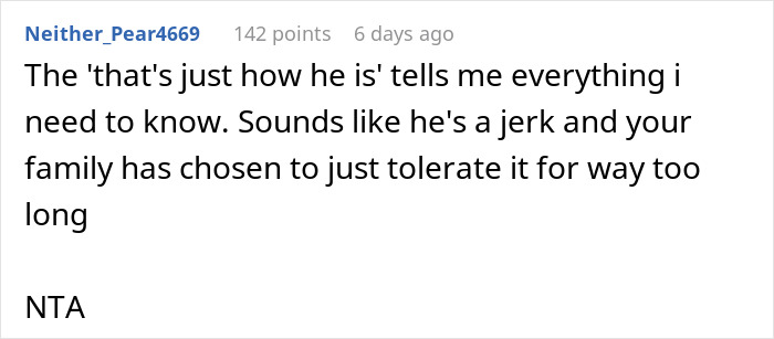 Commenter expressing frustration over uncle's jokes at Christmas dinner, supporting guy who left upset family event. Commenter expressing frustration over uncle's jokes at Christmas dinner, supporting guy who left upset family event.