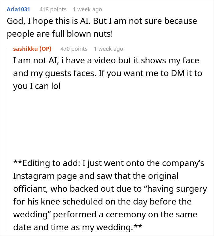 Text conversation about a wedding officiant mix-up causing a bride to lose it after catching the bouquet. Text conversation about a wedding officiant mix-up causing a bride to lose it after catching the bouquet.