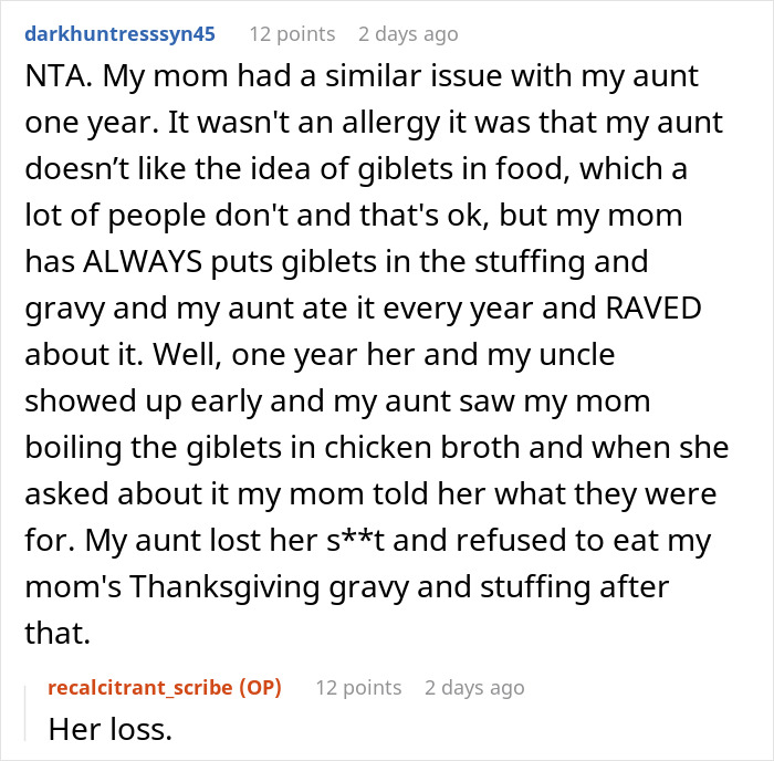 Reddit comment discussing a woman calling out her sister-in-law for pretending to have a food allergy last year. Reddit comment discussing a woman calling out her sister-in-law for pretending to have a food allergy last year.