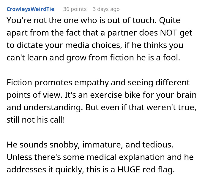 Screenshot of an online comment criticizing a man shaming his girlfriend for loving fiction and lowering her IQ.