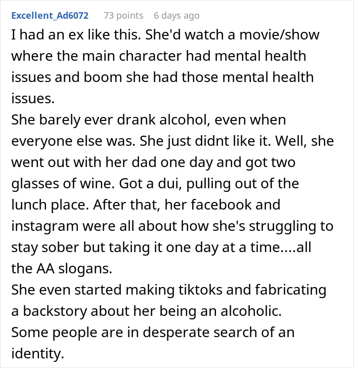 Comment discussing a woman excusing behavior with self-diagnosed autism and struggling with identity and alcohol issues. Comment discussing a woman excusing behavior with self-diagnosed autism and struggling with identity and alcohol issues.