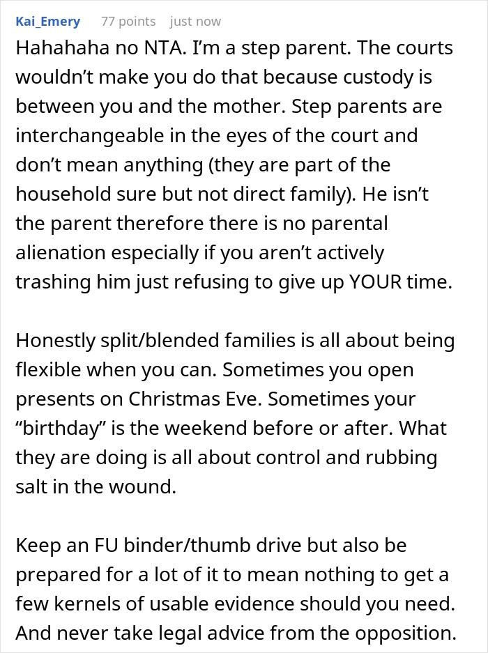 Comment discussing kids custody and relationship challenges around birthday celebrations in split or blended families. Comment discussing kids custody and relationship challenges around birthday celebrations in split or blended families.