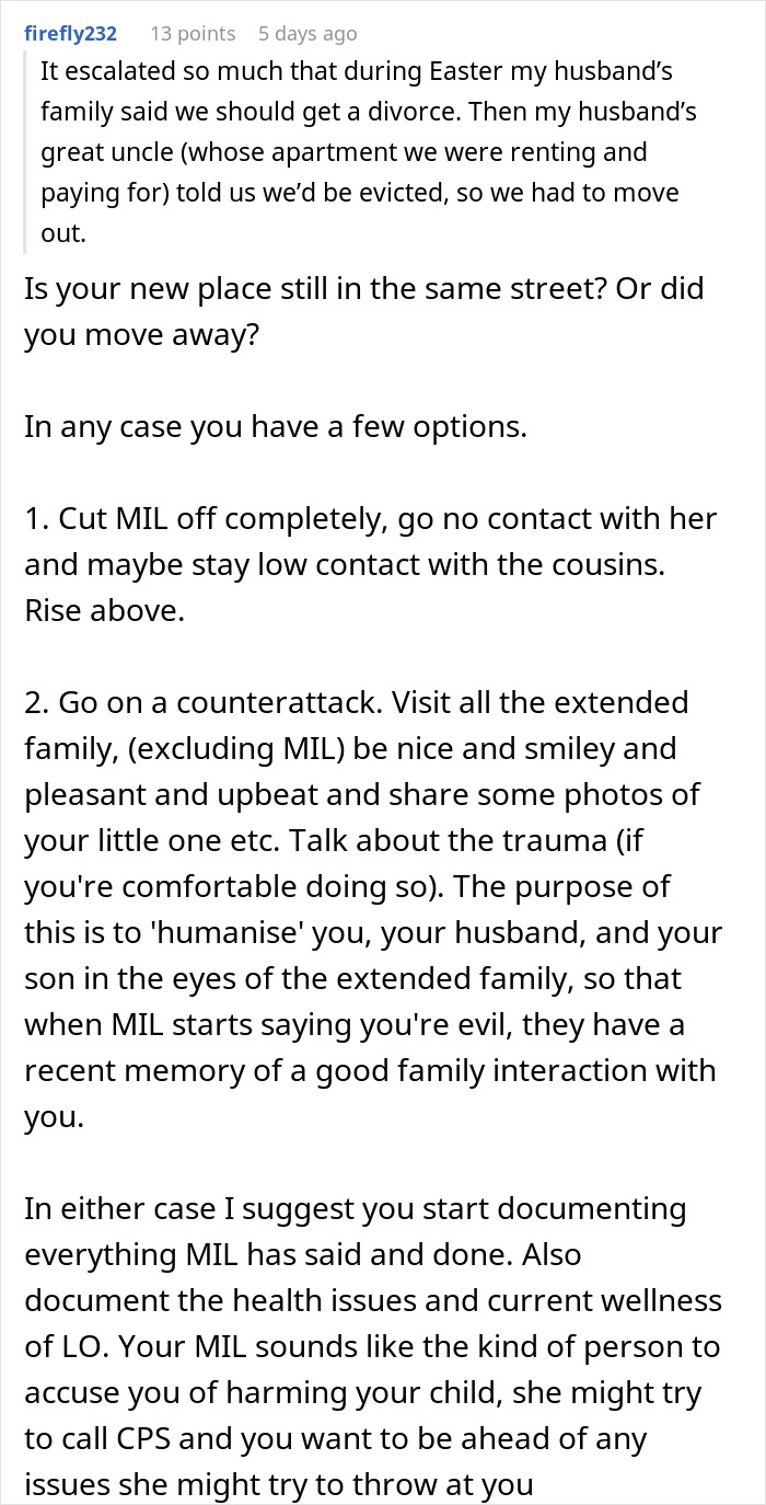 Text showing advice on handling a MIL who refuses to believe a DIL’s premature birth and declares evil in family.