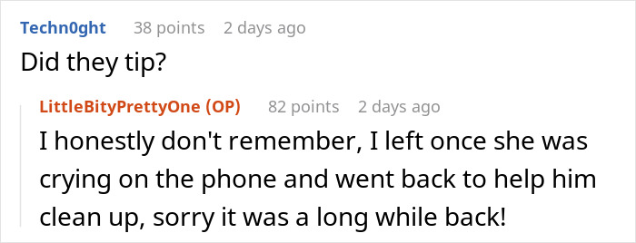 Online discussion about entitled waitress forgetting her manners while dining out and staff serving revenge dish.