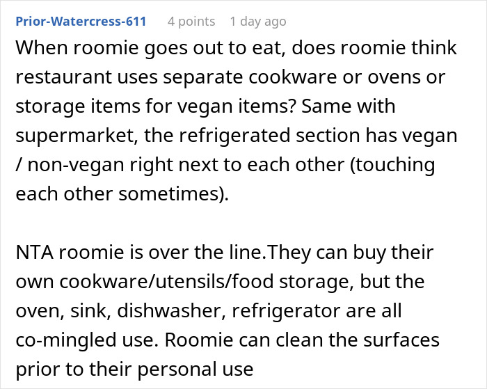 Comment discussing a person refusing to follow roommate’s strict vegan rules in shared kitchen, called selfish. Comment discussing a person refusing to follow roommate’s strict vegan rules in shared kitchen, called selfish.