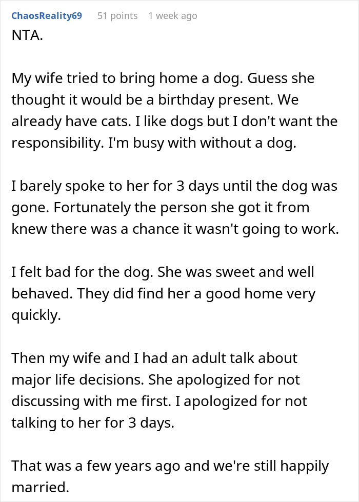 Text post describing a dog-care home drama where a wife brings home a dog without consent causing tension. Text post describing a dog-care home drama where a wife brings home a dog without consent causing tension.