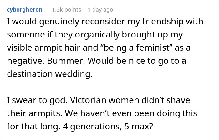 Screenshot of a social media comment discussing discomfort caused by visible hairy armpits at a wedding event. Screenshot of a social media comment discussing discomfort caused by visible hairy armpits at a wedding event.